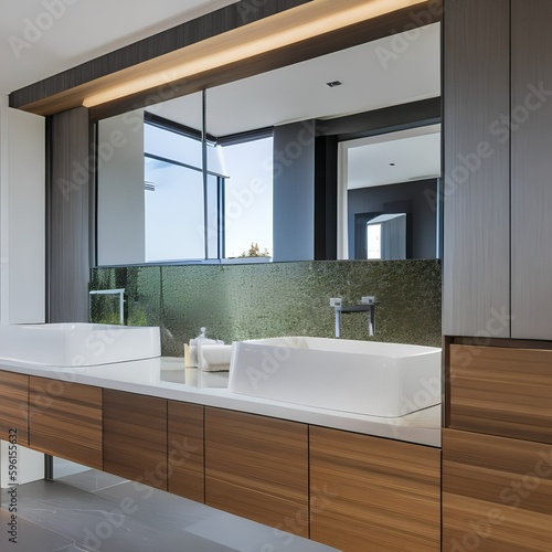 12 A modern  sleek bathroom with a mix of white and metallic finishes  a large  freestanding bathtub  and a mix of open and closed storage5  Generative AI