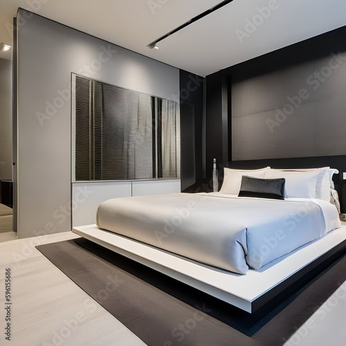 16 A sleek  modern-style bedroom with a mix of white and black finishes  a low platform bed  and a large  statement floor lamp5  Generative AI