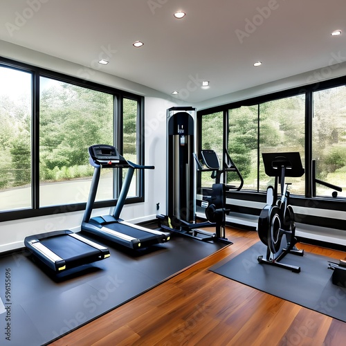 7 A sleek, modern-style home gym with a mix of white and black finishes, a large wall-mounted mirror, and a mix of workout equipment2, Generative AI