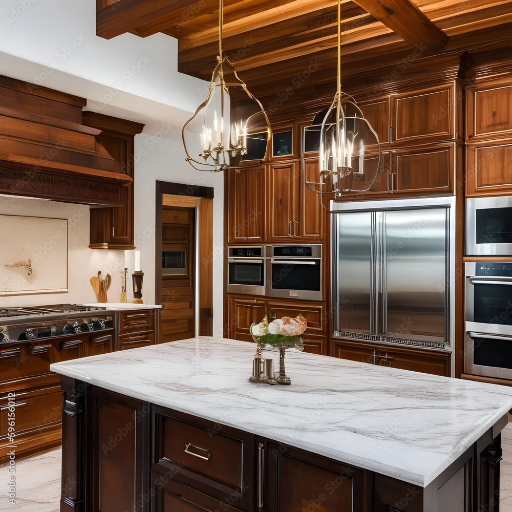 3 A traditional-style kitchen with a mix of wooden and marble finishes, a classic range hood, and a mix of open and closed storage5, Generative AI 3 A traditional-style kitchen with a mix of wooden and marble finishes, a classic range hood, and a mix of open and closed storage5, Generative AI