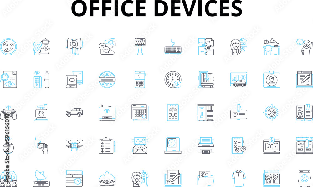 Office devices linear icons set. Printer, Scanner, Copier, Fax, Mouse, Keyboard, Monitor vector symbols and line concept signs. Laptop,Computer,Printer cartridge illustration Office devices linear icons set. Printer, Scanner, Copier, Fax, Mouse, Keyboard, Monitor vector symbols and line concept signs. Laptop,Computer,Printer cartridge illustration