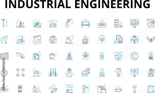 Industrial engineering linear icons set. Manufacturing, Optimization, Automation, Logistics, Quality, Design, Material vector symbols and line concept signs. Production,Ergonomics,Supply illustration