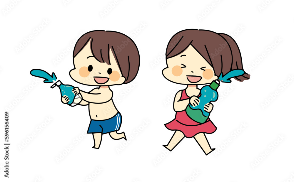 空の容器で水遊びをする子供たちのイラスト 空の容器で水遊びをする子供たちのイラスト