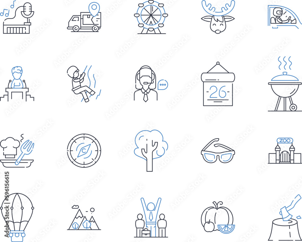 Exploration line icons collection. Expedition, Discovery, Investigation, Venturing, Trekking, Journey, Reconnaissance vector and linear illustration. Surveying,Scouting,Mapping outline signs set