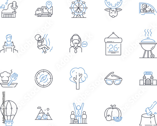 Exploration line icons collection. Expedition, Discovery, Investigation, Venturing, Trekking, Journey, Reconnaissance vector and linear illustration. Surveying,Scouting,Mapping outline signs set