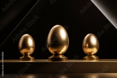 Three golden Easter egg podiums on modern stage. Ideal for product or cosmetic showcasing. Empty scene and copy space available. Generative AI