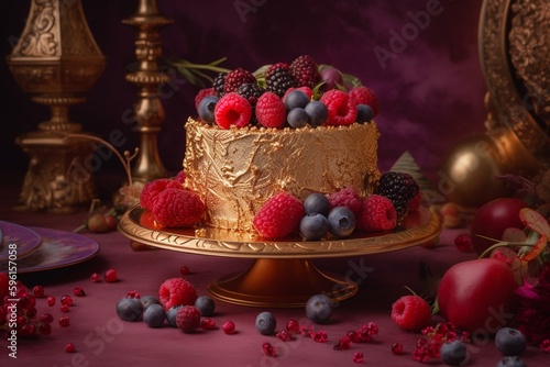 Cake with raspberry and floral topping on a table with ornate gold decor and purple background adorned with gold dots and other items. Generative AI