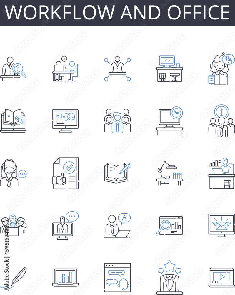 Workflow and office line icons collection. Business and commerce, Creativity and imagination, Efficiency and productivity, Marketing and advertising, Digital and technology, Education and learning Workflow and office line icons collection. Business and commerce, Creativity and imagination, Efficiency and productivity, Marketing and advertising, Digital and technology, Education and learning