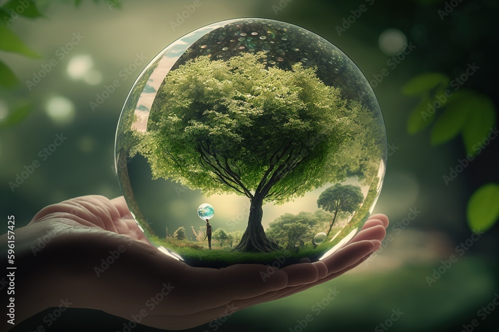hand holding a green tree, ia generative