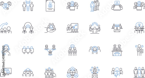 Top-level management line icons collection. Leadership, Strategy, Vision, Decisiveness, Empowerment, Authority, Accountability vector and linear illustration. Delegation,Innovation,Resilience outline