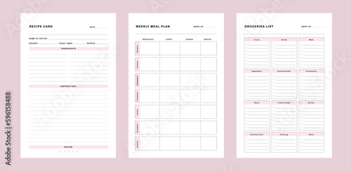 3 set of recipe card, Meal Planner and groceries list planner. Plan you food day easily. Vector illustration.