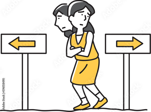 矢印の看板と悩む女性