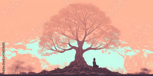 Buddha meditating under a bodhi tree. Vesak Day concept. photo