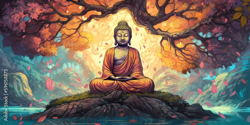 Buddha meditating under a bodhi tree. Vesak Day concept.