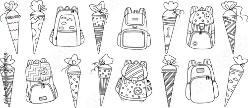 School backpack with candy cones for first grader.Vector line illustration
