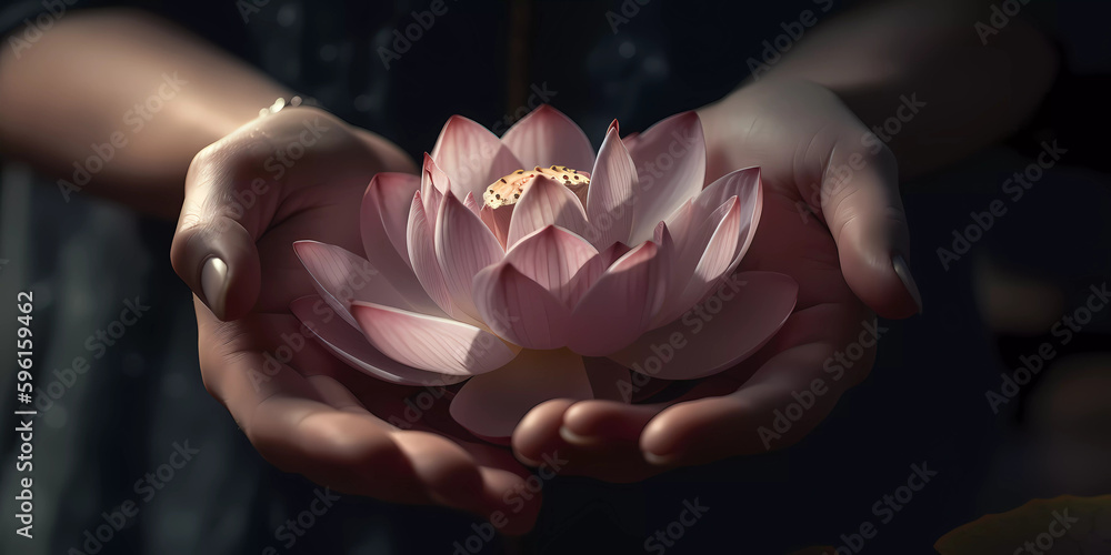 Purity and Devotion on Vesak Day: Hands Holding a Beautiful Lotus Flower - obrazy, fototapety, plakaty 
