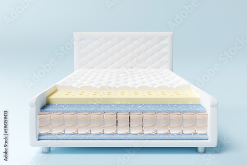 3d layered sheet material mattress with air fabric, pocket springs, natural latex, memory foam isolated on blue background. 3d render illustration, clipping path photo