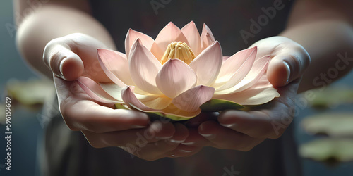 Purity and Devotion on Vesak Day: Hands Holding a Beautiful Lotus Flower photo