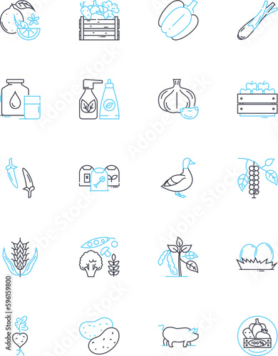 Organic gardening linear icons set. Composting, Permaculture, Soil, Fertilizers, Mulch, Greenhouse, Garden bed line vector and concept signs. Natural,Pesticides,Weeding outline illustrations