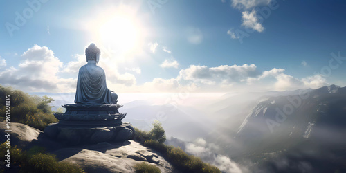 Giant Buddha statue sitting tranquilly on a mountain top under a clear blue sky and strong sunlight. Vesak Day concept.