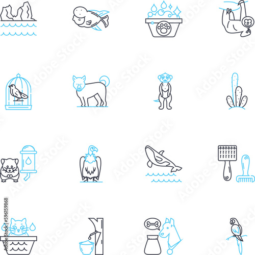 Fuzzy friends linear icons set. Canine, Feline, Cuddly, Fluffy, Adorable, Purrfect, Companions line vector and concept signs. Affectionate,Loyal,Playful outline illustrations
