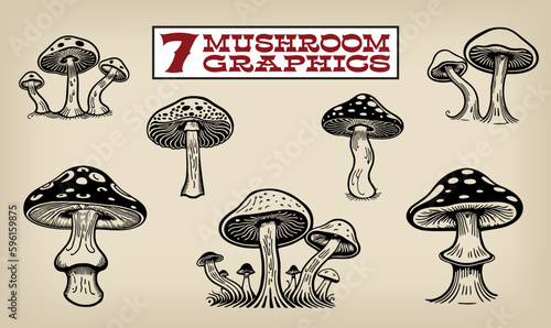 A collection of seven vintage style pen and ink graphics. Great for retro 1960s or 1970s designs, food graphics, or children's book spot illustrations.