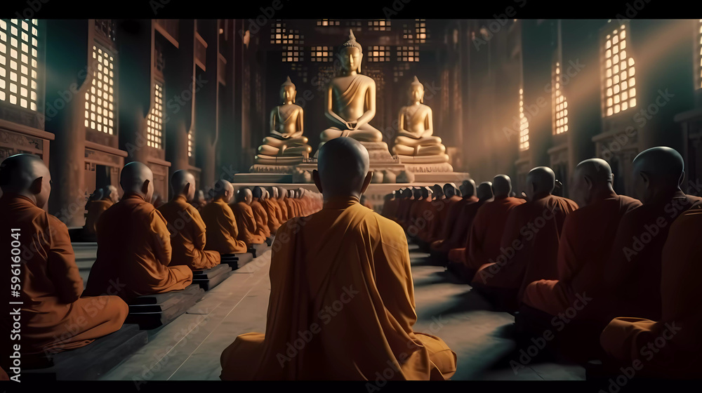 A tranquil scene of monks mass praying in a Buddhist temple. Vesak Day concept. - obrazy, fototapety, plakaty 