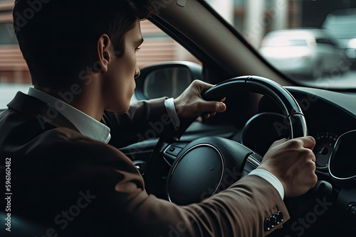 Close up handsome young man in work suit holding steering wheel driving on highway road © ttonaorh