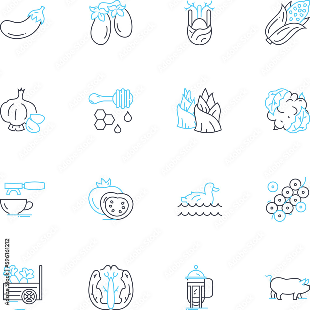 Ranch linear icons set. Horses, Cattle, Stables, Barn, Pastures, Hay, Rodeo line vector and concept signs. Cowboy,Wrangler,Wild West outline illustrations