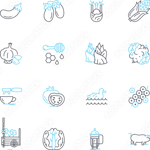 Ranch linear icons set. Horses, Cattle, Stables, Barn, Pastures, Hay, Rodeo line vector and concept signs. Cowboy,Wrangler,Wild West outline illustrations