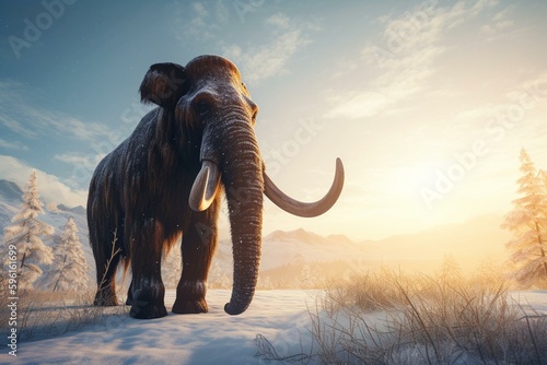 A mammoth raises its head and trunk high in the air amid a snowy sunrise. Generative AI