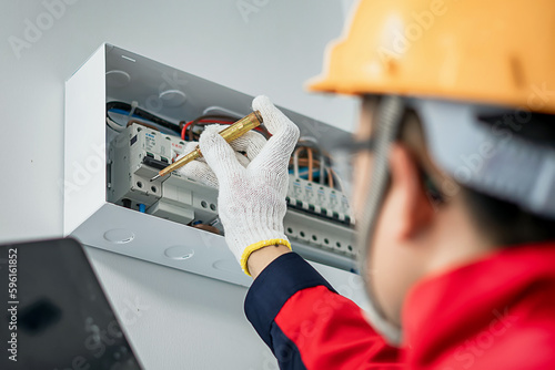 Asian electrical engineer wearing safety helmet inspecting home electrical system with tools and tablet at indoor building site