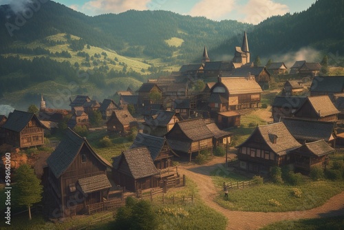 Fototapeta Stunning anime town with a mountain hamlet and hilltop church