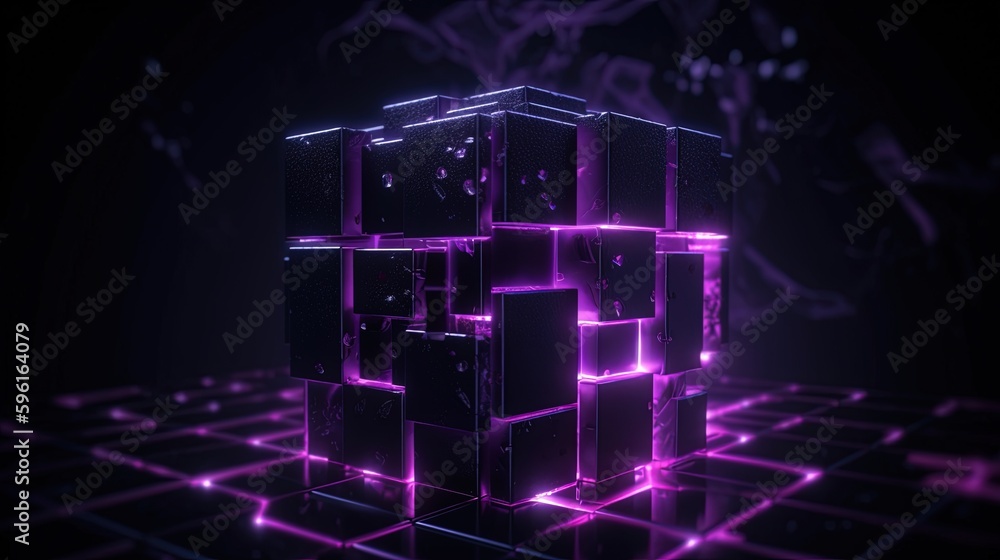 3d rendering of black cubes with purple neon lights on black background.Generative Ai 3d rendering of black cubes with purple neon lights on black background.Generative Ai
