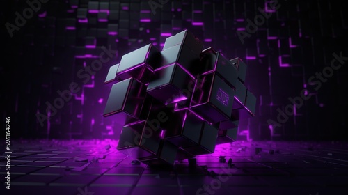 3d rendering of black cubes with purple neon lights on black background.Generative Ai © Rudsaphon