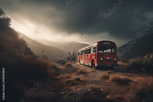 A desolate landscape features an abandoned red bus signaling the end of the world. Generative AI