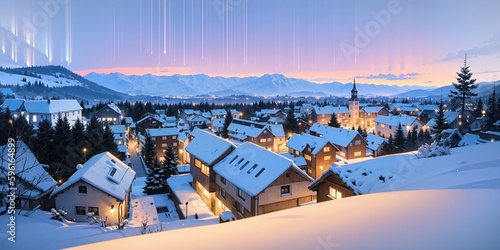 anime style background, winter landscape aurora, mountain, village, lake, europe, snow, Alps, norwegian nature, night, generative ai, generative, ai