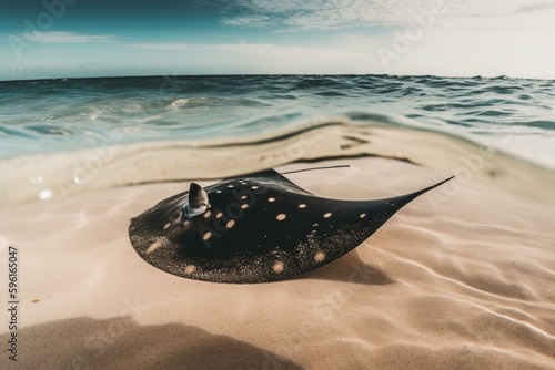 A sandy shore meets the ocean as a manta glides through the water. Generative AI