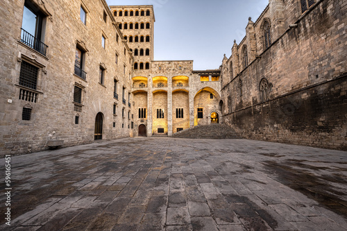 The Plaza del Rey in the Gothic Quarter in Barcelona at dawn