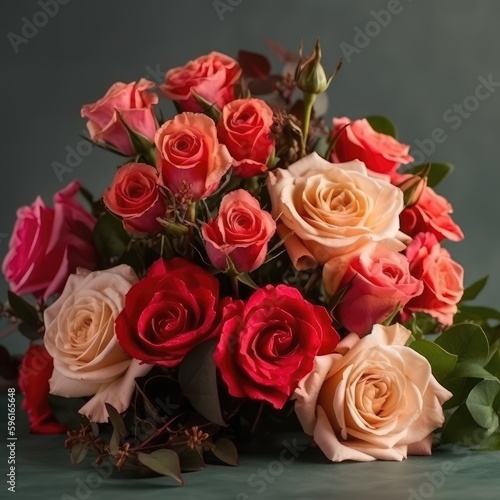 Romantic bouquet with red and pink roses. Mother s Day Flowers Design concept.