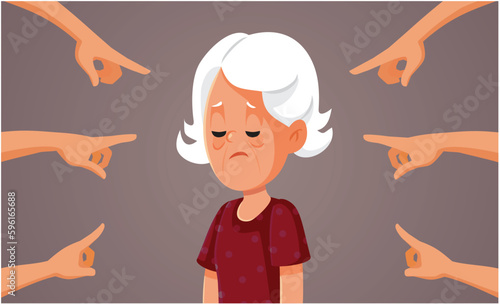 Woman Discriminated for her Aging by Ruthless Society Vector Cartoon illustration. Ageist people blaming and shaming an elderly person
