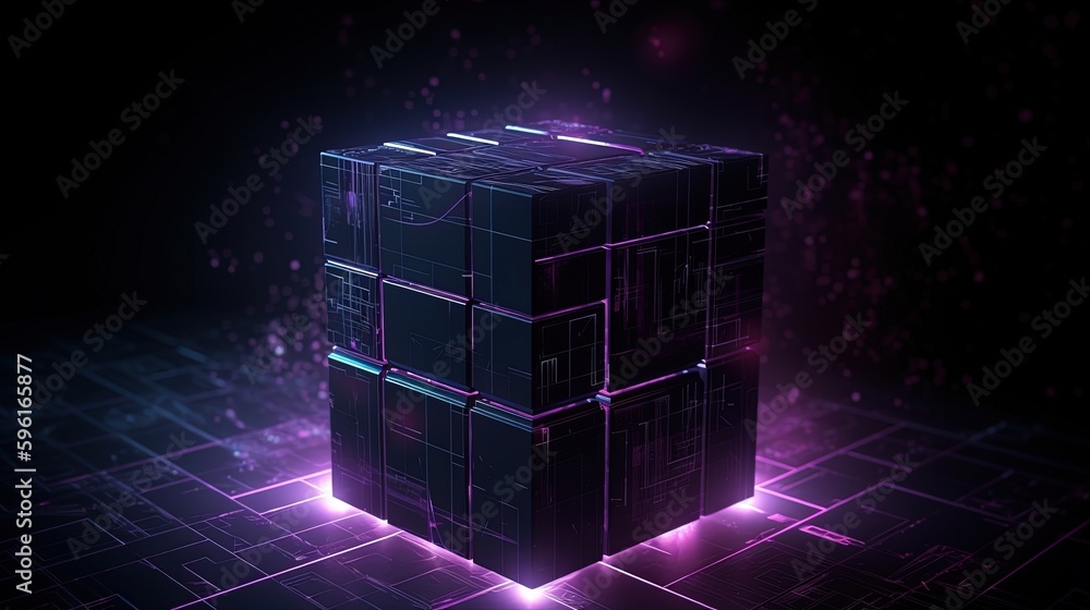 3d rendering of black cubes with purple neon lights on black background.Generative Ai 3d rendering of black cubes with purple neon lights on black background.Generative Ai