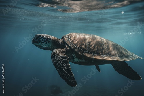Oceanic turtle swimming in the sea. Generative AI