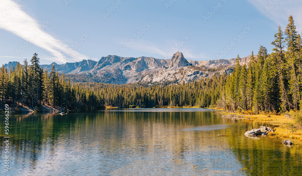 Beautiful scenic peaceful mountain lake on sunny fall day