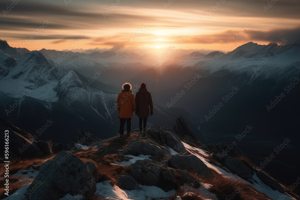 Fototapeta premium A couple hiking into the beautiful horizon