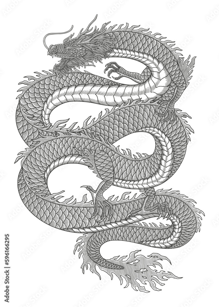Obraz premium Japanese dragon vector vintage engraving drawing style illustration 