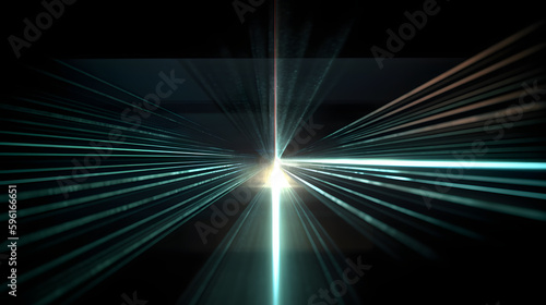 An artistic representation of the double slit experiment - A symmetrical display of light beams emerging from a single center, generative AI