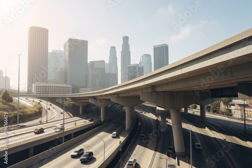 LA architecture with foreground freeways. Generative AI