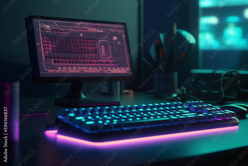 computer concept neon-lit keyboard and mouse, Generative AI computer concept neon-lit keyboard and mouse, Generative AI