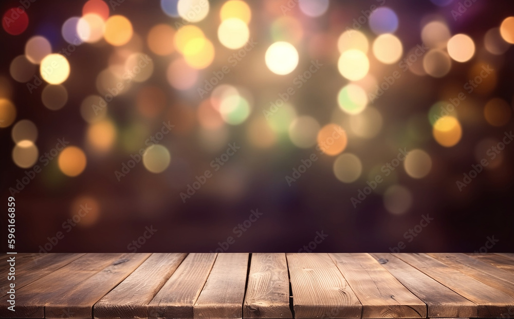 Empty wood table top on blur light gold bokeh dark background. Generative AI. Empty wood table top on blur light gold bokeh dark background. Generative AI.